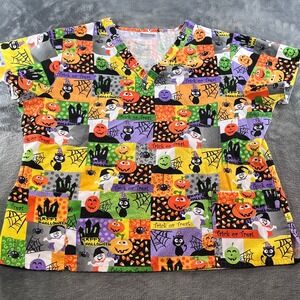 Life Halloween Scrub Top V-Neck Ghosts Pumpkins Black Cats Plus Size XL 2XL